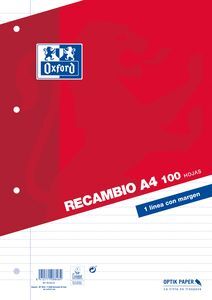 Recambio 100 Hojas 4 Anillas Pauta Simple Oxford 90g